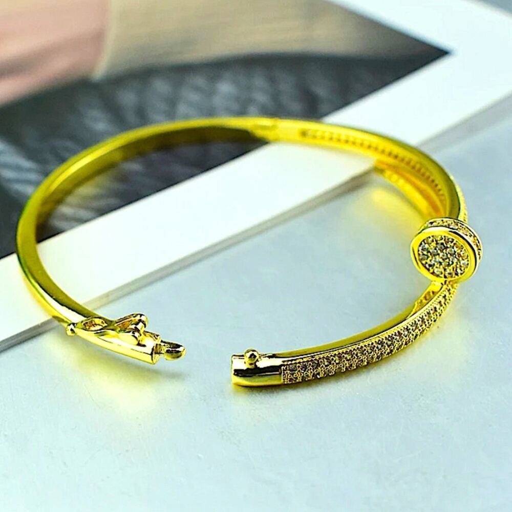 Gold Nail Zircon Screw Tack Bangle Bracelet - Picture 5 of 9